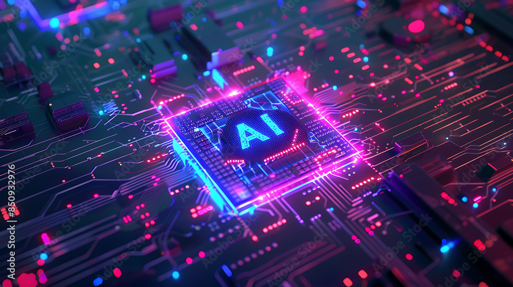 Fototapeta premium AI Microprocessor on Advanced Circuit Board with LED Illumination