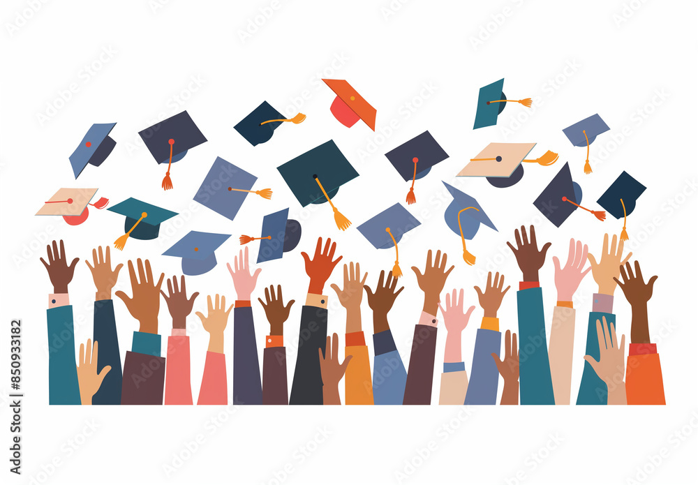 A group of hands and graduation caps in the air in the style of clip art with a white background.Minimal creative educational concept. A group of hands and graduation caps in the air in the style of clip art with a white background.Minimal creative educational concept.