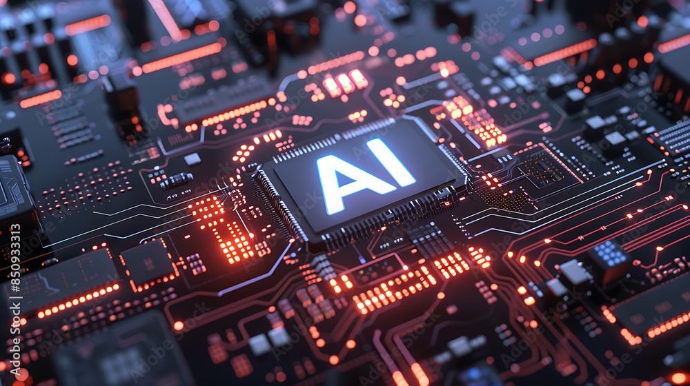 AI Processor on Futuristic Circuit Board with Orange LED Illumination AI Processor on Futuristic Circuit Board with Orange LED Illumination