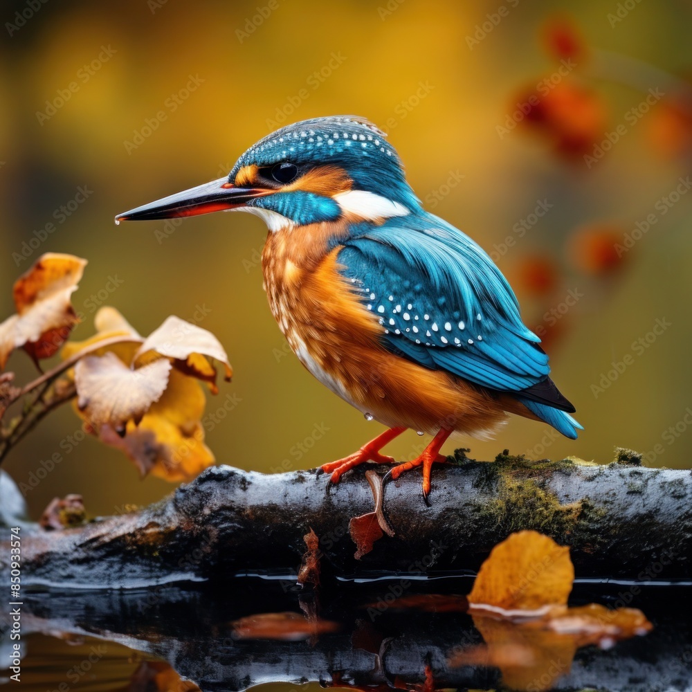 Common kingfisher alcedo atthis the bird sits above a shallow river on a beautiful dry old branch Common kingfisher alcedo atthis the bird sits above a shallow river on a beautiful dry old branch