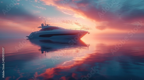 Luxury yacht sailing on calm sea at sunset reflecting on water
