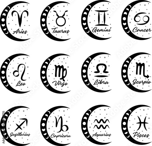 Set of 12 Zodiac Signs, Crescent Moon, and Stars with Mystical Celestial Themes. Perfect for Horoscopes and Astrology.