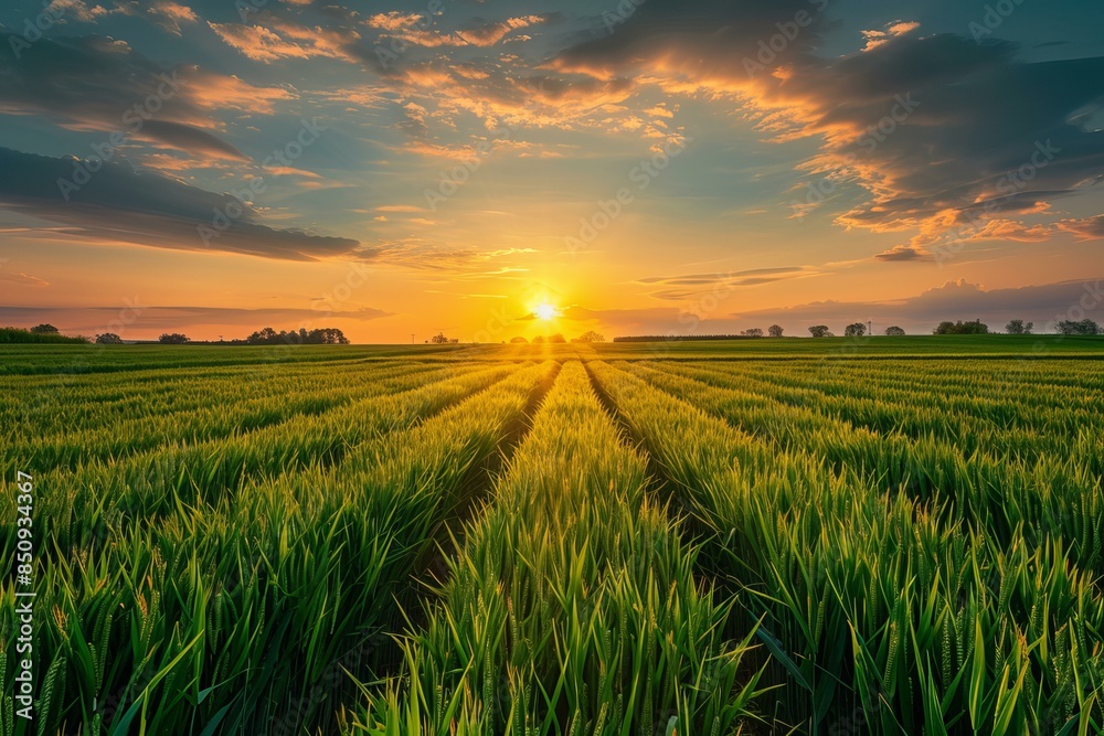 Scenic view of a vibrant sunset sky casting golden light over a green crop field Scenic view of a vibrant sunset sky casting golden light over a green crop field