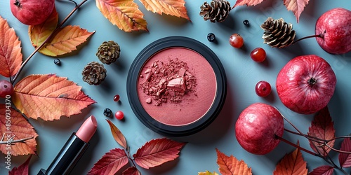 Autumn-themed flat lay with cosmetics, featuring blush and lipstick surrounded by colorful leaves, apples, pomegranate, and pinecones on a blue background. photo