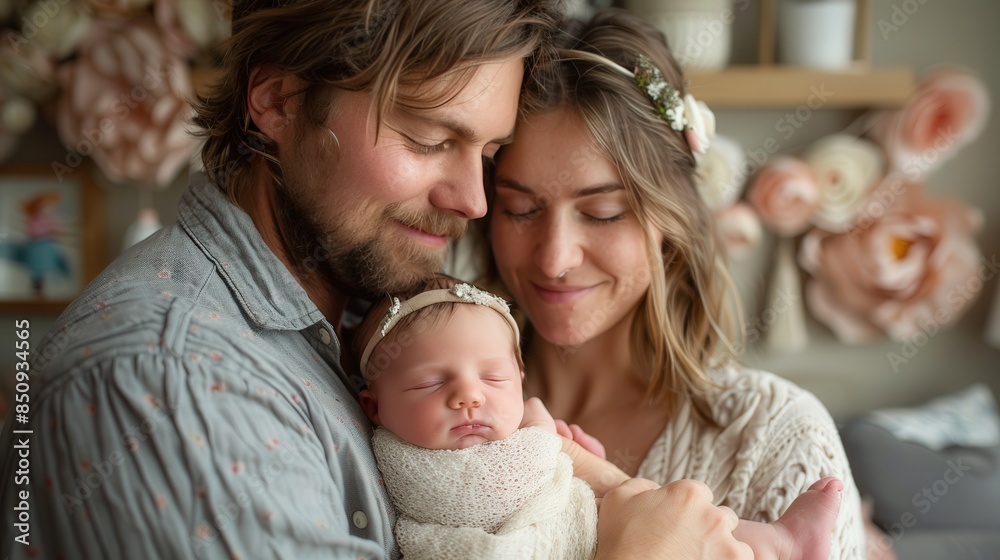 A loving couple holds their sleeping newborn baby in a cozy, decorated room, capturing a moment of family bonding and tenderness. A loving couple holds their sleeping newborn baby in a cozy, decorated room, capturing a moment of family bonding and tenderness.