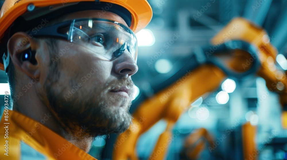 Profile view Factory Worker Operating Robotic Arm Profile view Factory Worker Operating Robotic Arm