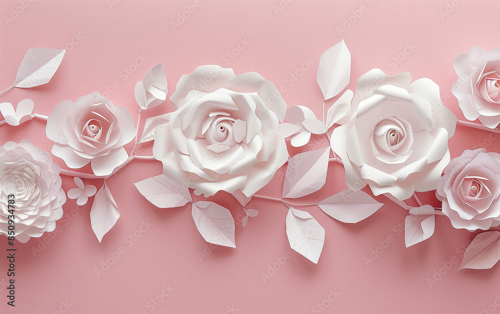 A pink background with paper roses and leaves on the edges, minimalistic style, flat lay composition.Minimal creative nature and advertise concept A pink background with paper roses and leaves on the edges, minimalistic style, flat lay composition.Minimal creative nature and advertise concept