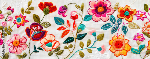 Fabric background with vibrant, floral embroidery on linen.