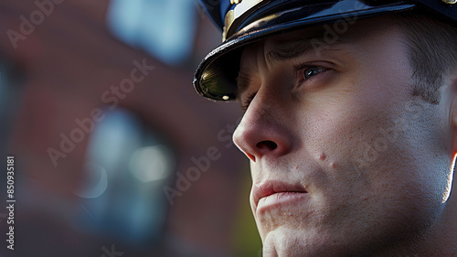 close up of a police worker on background, police worker face, portrait of a federal worker