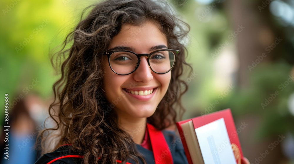 Fototapeta premium Confident Female Graduate Smiling While Holding Books Outdoors in a Natural Setting