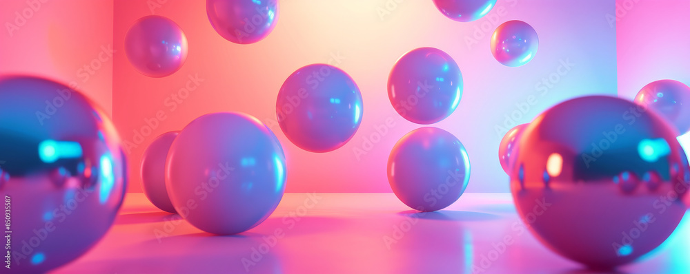 Geometric background with glossy, reflective 3D spheres in neon colors.