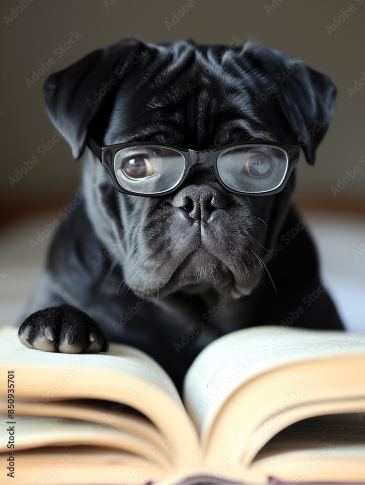 Adorable Black Pug Wearing Glasses Reading a Book on a Cozy Bed Adorable Black Pug Wearing Glasses Reading a Book on a Cozy Bed