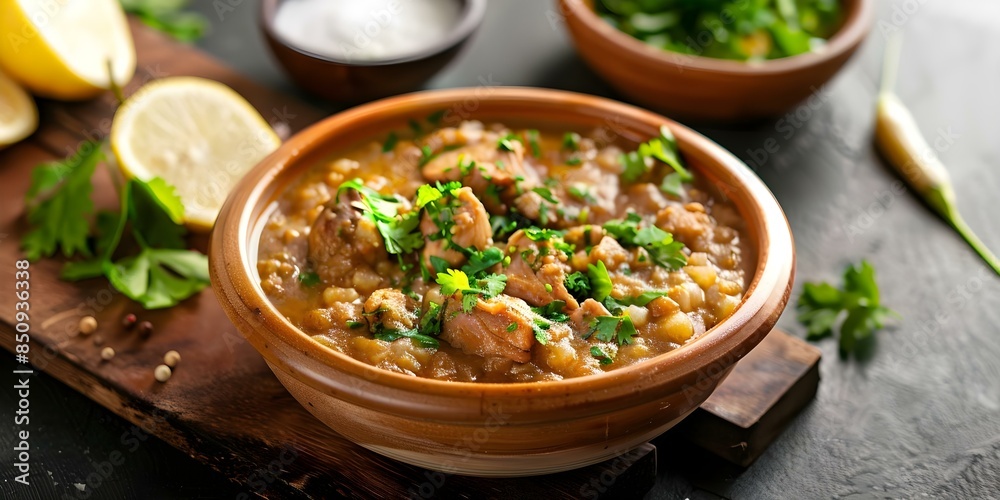 Detailed image of Chicken Haleem focusing on its texture and presentation. Concept Food Photography, Chicken Haleem, Texture, Presentation, Detailed Shot Detailed image of Chicken Haleem focusing on its texture and presentation. Concept Food Photography, Chicken Haleem, Texture, Presentation, Detailed Shot