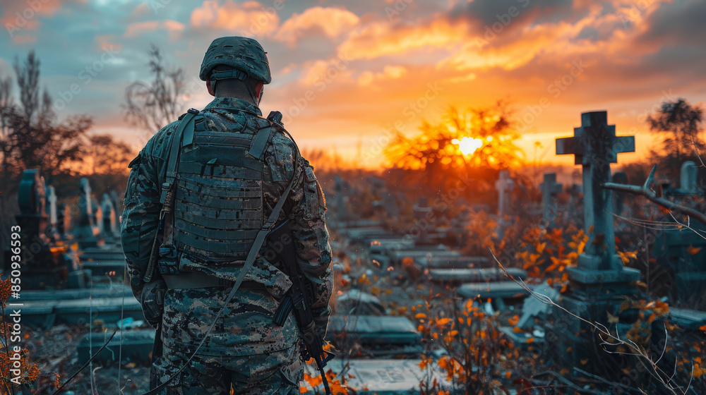 A soldier in a modern military uniform in an old cemetery looks at the graves against the background of the sunset. Autumn cemetery. A soldier in a modern military uniform in an old cemetery looks at the graves against the background of the sunset. Autumn cemetery.
