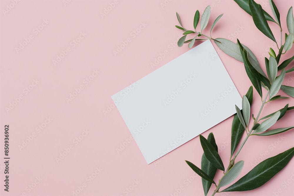 A white card with plant branches growing on it lies flat against a pink background in the style of mockup photography. A white card with plant branches growing on it lies flat against a pink background in the style of mockup photography.