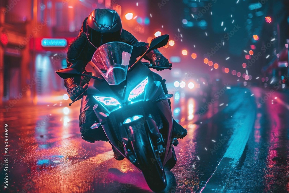 Stunning photo of biker motorcyclist driving sportbike with neon lights Stunning photo of biker motorcyclist driving sportbike with neon lights