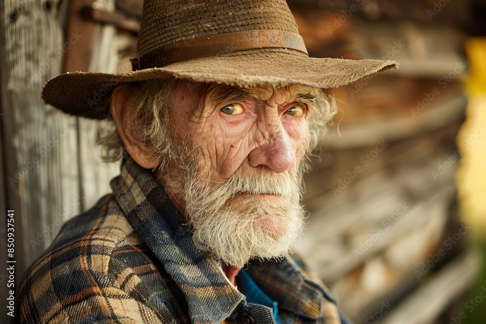 Fototapeta premium Closeup of a senior man with a rugged look wearing a hat, leaning against a wooden backdrop