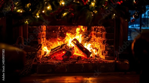 A cozy fireplace with burning logs and a festive glow from holiday lights