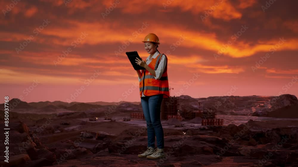 Full Body Side View Of Asian Female Engineer With Safety Helmet Working On A Tablet While Standing at Construction Site, Mining Machinery Full Body Side View Of Asian Female Engineer With Safety Helmet Working On A Tablet While Standing at Construction Site, Mining Machinery