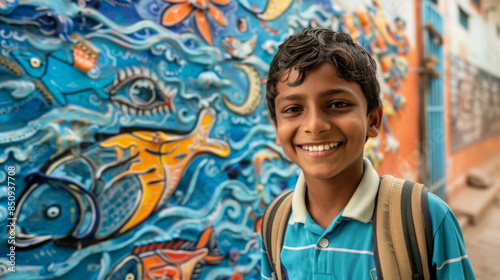 Happy schoolboy in favelas. A smiling boy enters a shola against the backdrop of the slums of Latin America. photo