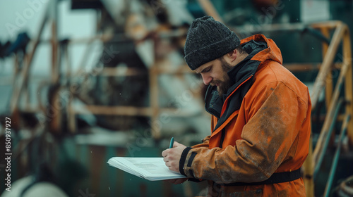 Seafarer or seaman filling checklist during work