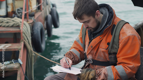 Seafarer or seaman filling checklist during work