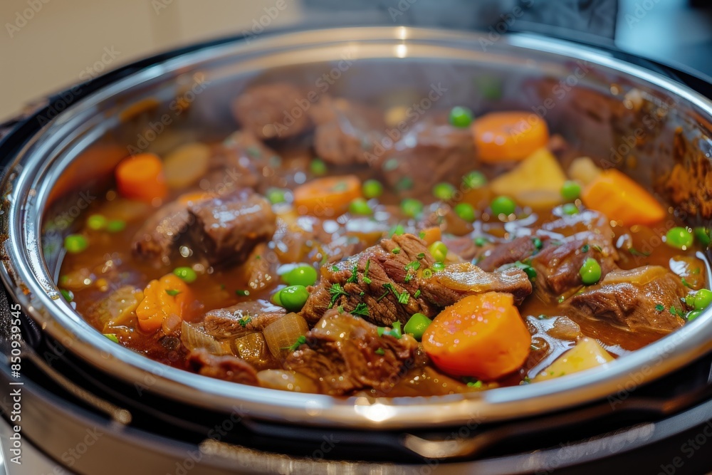 A pot of hearty stew filled with carrots and peas, perfect for a cozy meal A pot of hearty stew filled with carrots and peas, perfect for a cozy meal