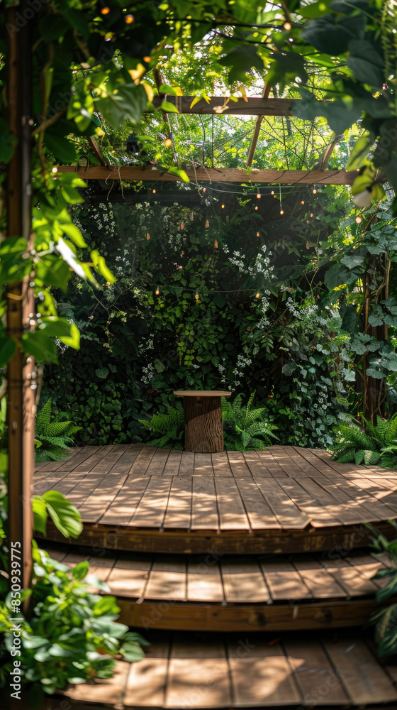 A serene garden setting with wooden decking, lush greenery, and warm sunlight filtering through a pergola, ideal for relaxation and tranquility. A serene garden setting with wooden decking, lush greenery, and warm sunlight filtering through a pergola, ideal for relaxation and tranquility.