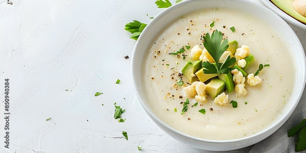 Traditional Ecuadorian potato cheese soup with avocado and hominy on white background. Concept Traditional Recipe, Ecuadorian Cuisine, Potato Cheese Soup, Avocado, Hominy, White Background Traditional Ecuadorian potato cheese soup with avocado and hominy on white background. Concept Traditional Recipe, Ecuadorian Cuisine, Potato Cheese Soup, Avocado, Hominy, White Background