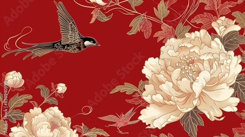 Elegant Chinese oriental pattern background vector. Elegant swallow bird and peony flower golden line art on red background. Design illustration for happy new year, wallpaper, banner, card.