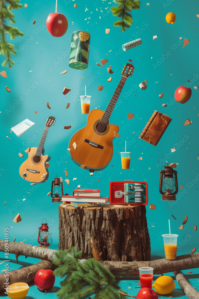 Naklejka premium Colorful composition of camping equipment, wood and steel firewood, books, plants, oil lanterns, marshmallows floating in the air, yellow guitar, turquoise background.Minimal creative rest concept.