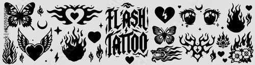 Set of emocore Y2K style flash tattoos with trendy graphic images of flames, ornaments, hearts, butterflies and other designs.