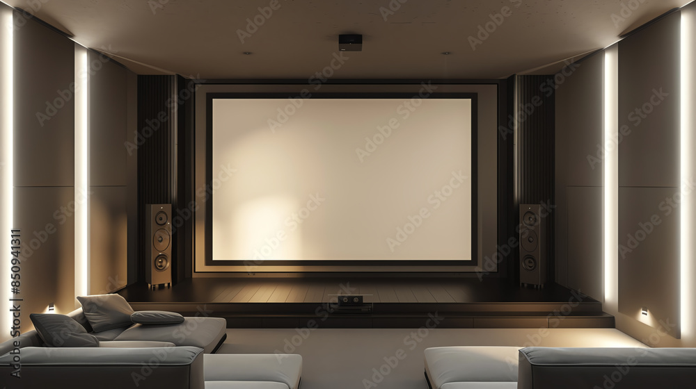 Minimalist Design Simple home theater room with a minimalist aesthetic, featuring a large screen, hidden speakers, and clean lines. Minimalist Design Simple home theater room with a minimalist aesthetic, featuring a large screen, hidden speakers, and clean lines.