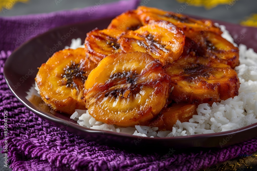 black plate with golden fried plantains, and white rice on the side, purple background, food photography, delicious looking dish black plate with golden fried plantains, and white rice on the side, purple background, food photography, delicious looking dish