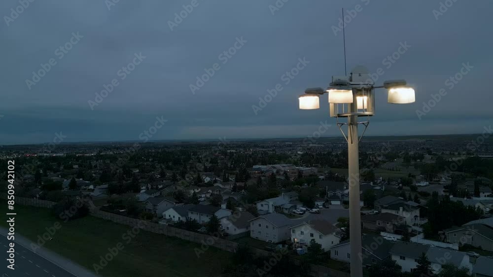 Early morning commute over cast summer skies at sunrise, Tall highway lamp post over the QEII highway, orbit drone shot Early morning commute over cast summer skies at sunrise, Tall highway lamp post over the QEII highway, orbit drone shot