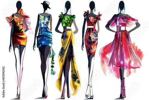 Set of five chic and vibrant fashion illustrations showcasing diverse dress designs