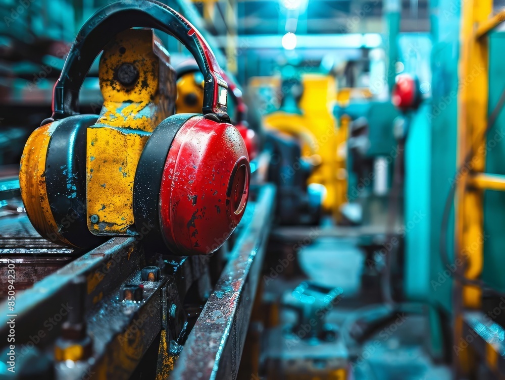 A vibrant closeup photo of an ear protection earmuff set placed on a factory machine