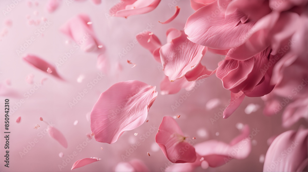 Close-up of Pink Rose Flower Petals Blossom Flying in the Air, Romantic Valentine's Background Close-up of Pink Rose Flower Petals Blossom Flying in the Air, Romantic Valentine's Background