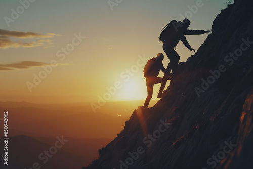 Silhouette of one person helping another up a mountain at sunrise or sunset. © sunaiart