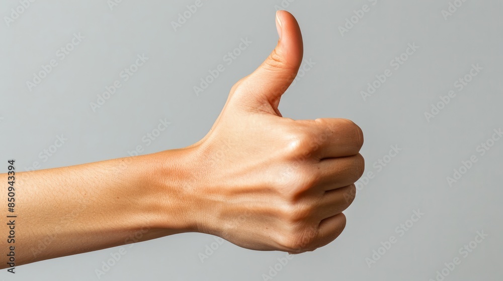 Close-Up of a Hand Gesture with Thumb Up Sign on a Grey Background Close-Up of a Hand Gesture with Thumb Up Sign on a Grey Background
