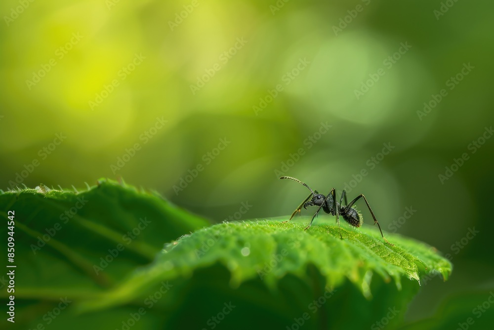 A small insect sits on top of a lush green leaf