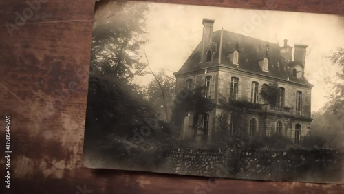 Vintage sepia-toned photograph of an old haunted mansion. Eerie abandoned ancient victorian manor house in nature with trees in the background for a ghostly horror story 
