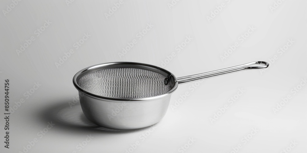 A metal strainer with a handle on a white surface, suitable for use in kitchen or laboratory A metal strainer with a handle on a white surface, suitable for use in kitchen or laboratory