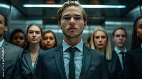 confident man in a suit standing before a group of attentive individuals, leading a discussion or presentation.