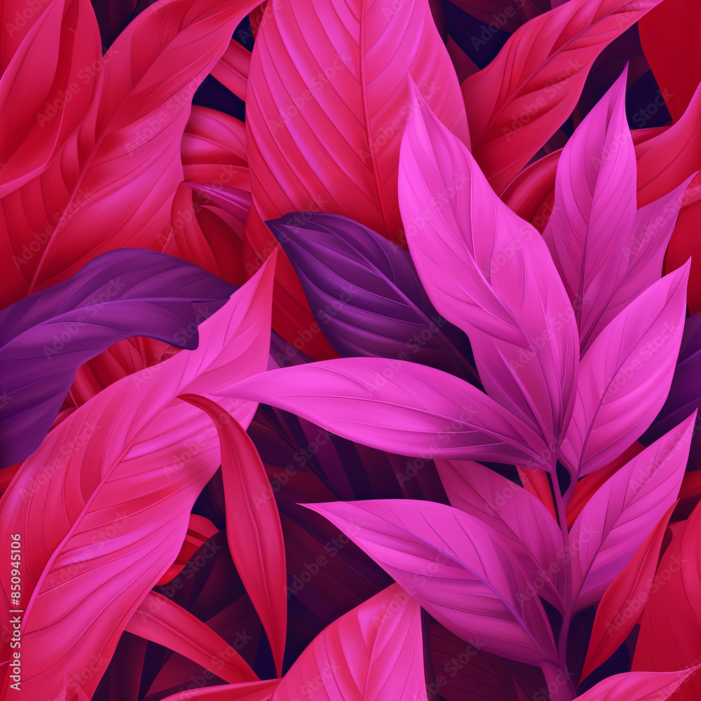 Graphic endless design with purple tropical leaves and plants, jungle print or floral background Graphic endless design with purple tropical leaves and plants, jungle print or floral background