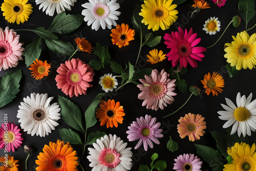 Colorful daisies and gerbera flowers on black background, top view.Minimal creative nature concept.