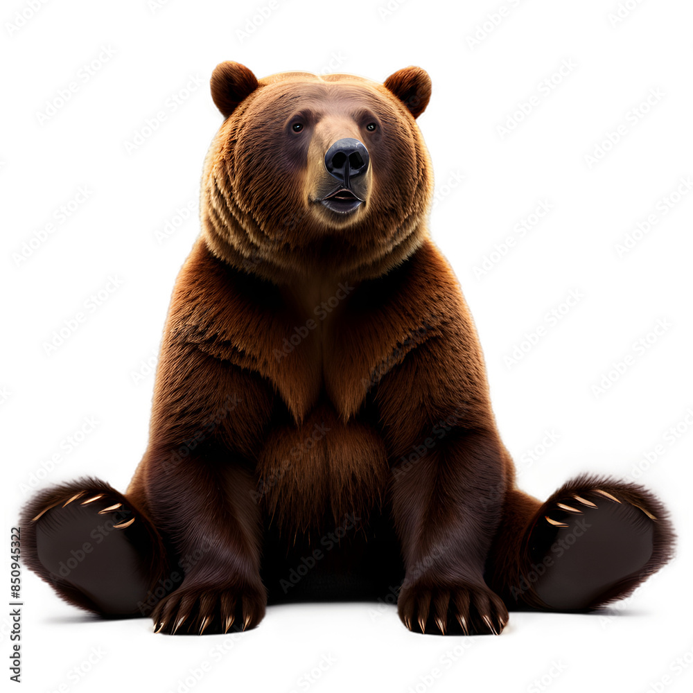 Obraz premium A striking image of a brown bear sitting upright, displaying its massive size and powerful build. The bear's rich, thick fur is meticulously detailed, showcasing shades of brown and a glossy texture