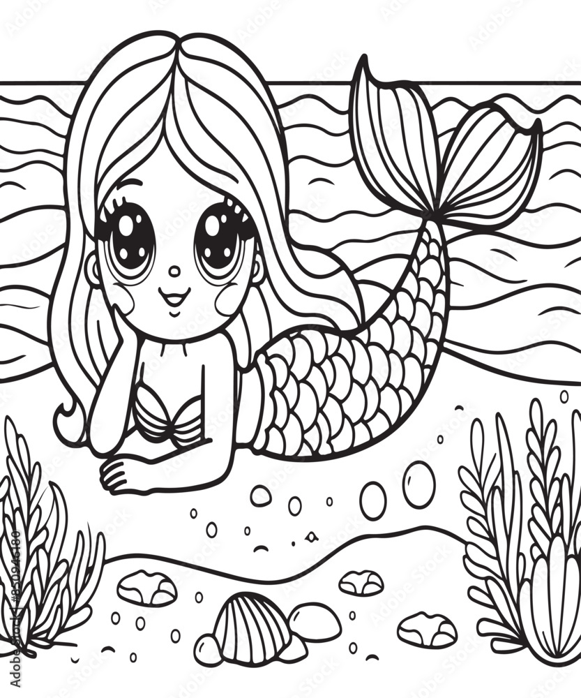 Obraz premium cute mermaid coloring page Coloring book for children vector illustration Ai Generative
