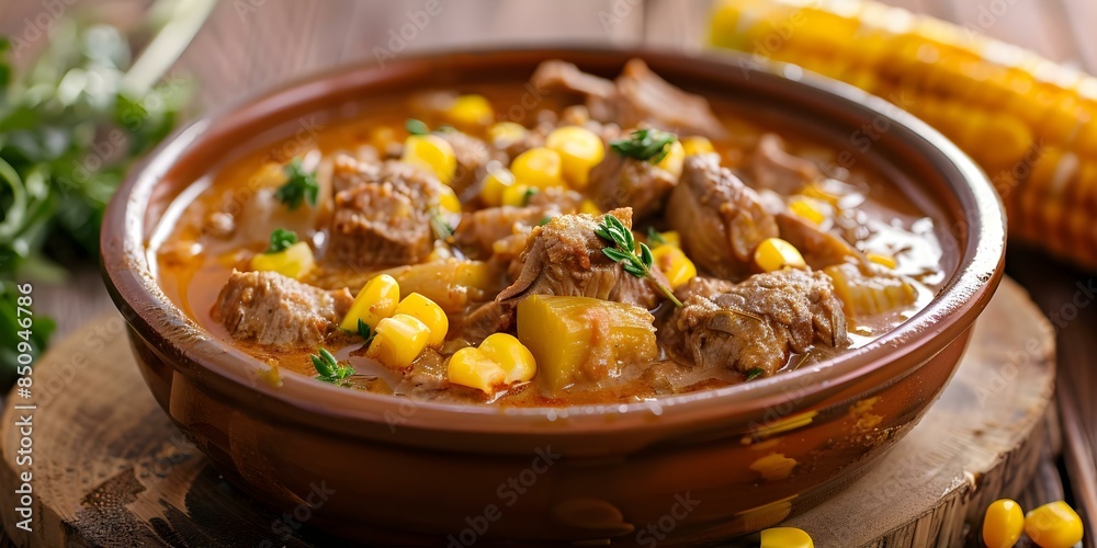 Hearty Argentine stew with corn and meat Locro a traditional dish. Concept Argentine Cuisine, Traditional Recipe, Locro Stew, Corn and Meat, Hearty Dish Hearty Argentine stew with corn and meat Locro a traditional dish. Concept Argentine Cuisine, Traditional Recipe, Locro Stew, Corn and Meat, Hearty Dish