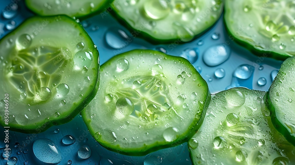 Fresh Sliced Cucumbers with Water Droplets on a Blue Background Fresh Sliced Cucumbers with Water Droplets on a Blue Background
